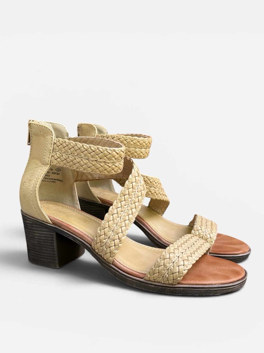 Sugar Haidee Braided Strappy Sandals Ankle Wrap Back Zip Tan Sz 7